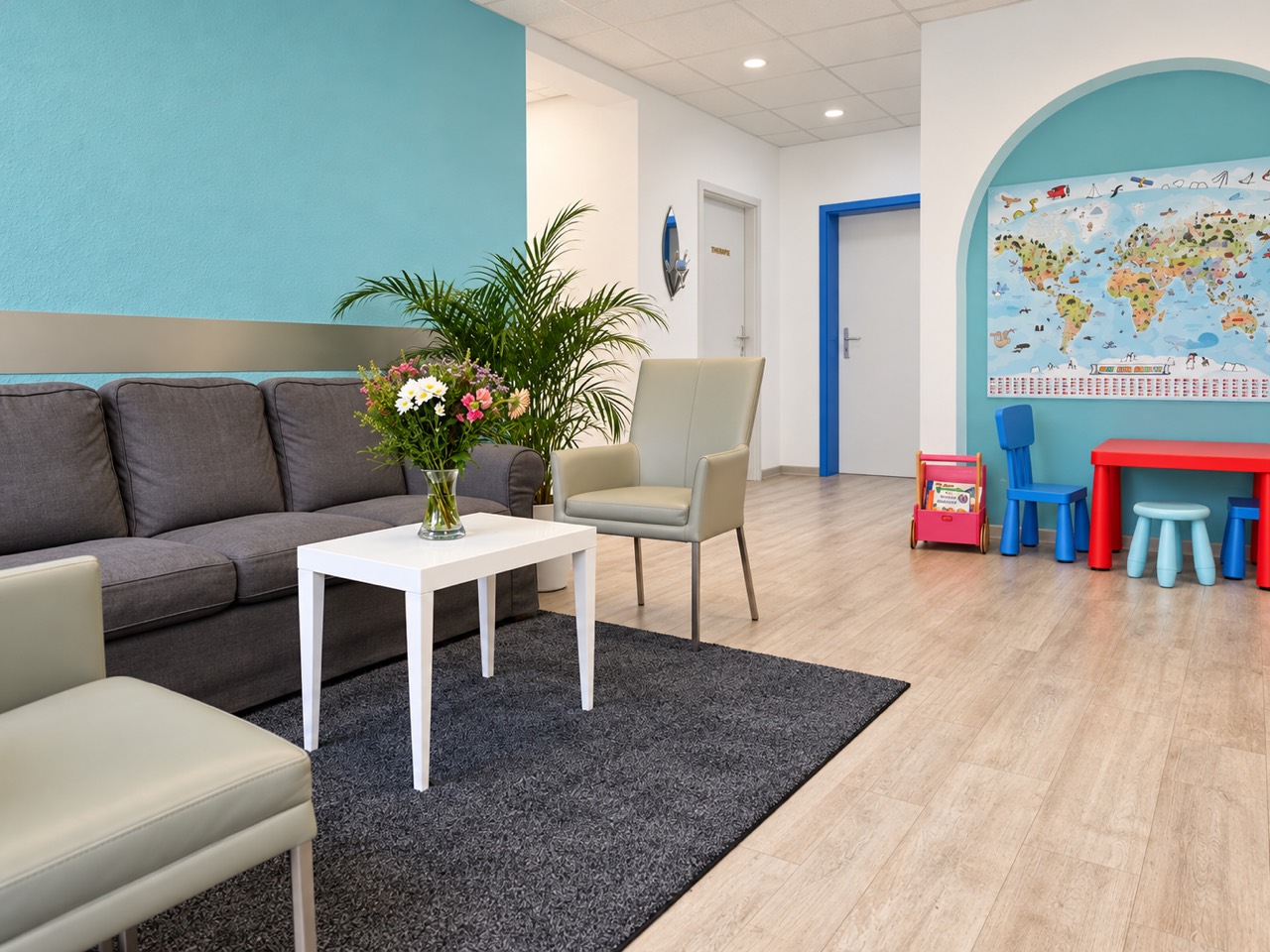 Wartezimmer der Praxis für Sprachtherapie in Dortmund mit grauem Sofa, hellen Sesseln und Kinderspielecke